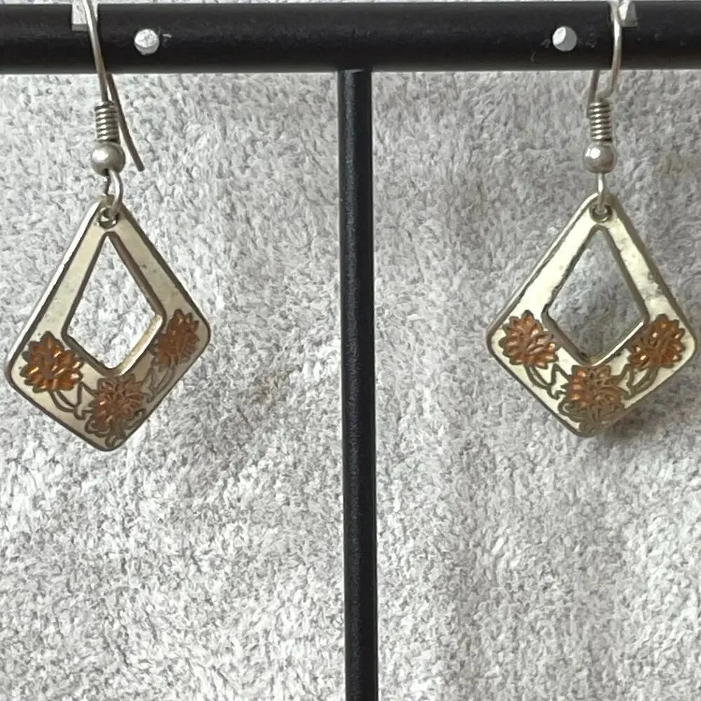 Vintage drop earrings orange peach flower diamond cloisonné